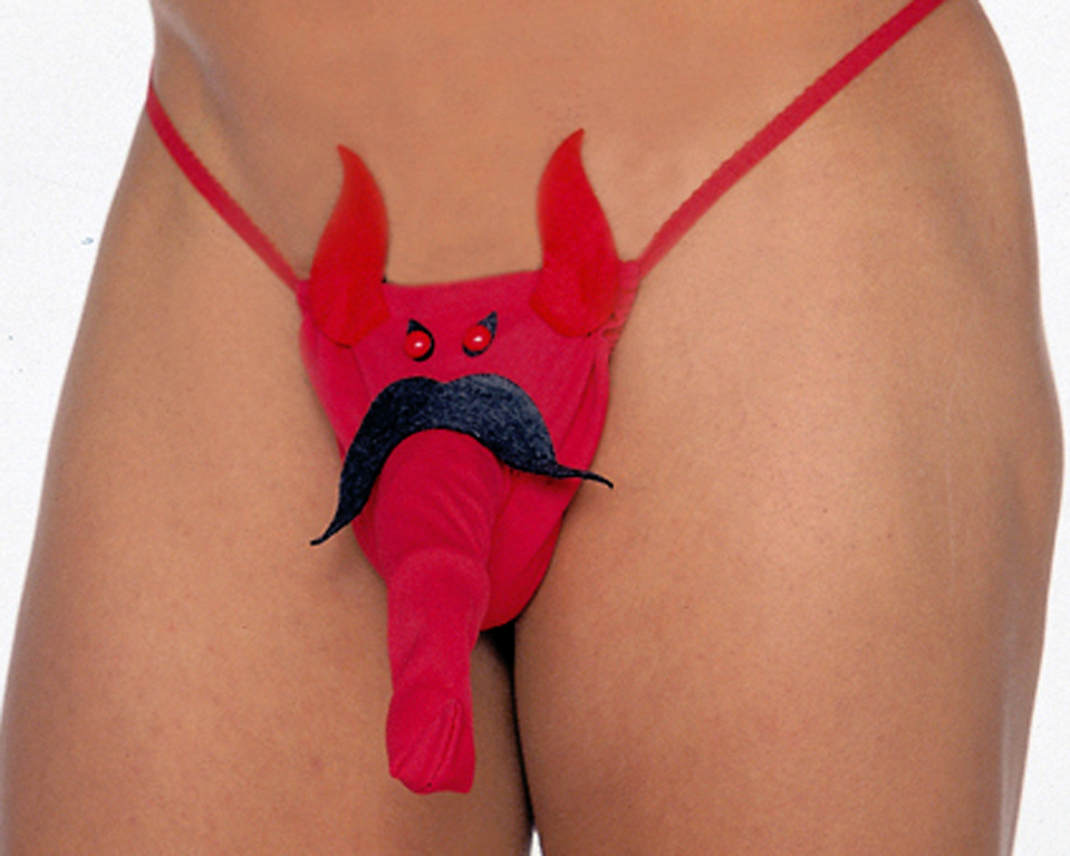 Red and black men's devil g-string pouch.